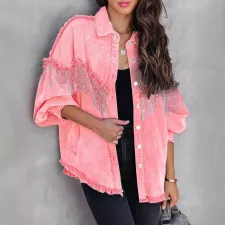 Chain Studded Street Fashion Single Breasted Denim Jacket GYAN-641