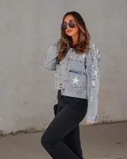 Beaded Long Sleeve Loose Fit Denim Jacket GYAN-3248