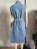 Lapel Sleeveless Staple Button Waist Tie Denim Dress GYAN-3293