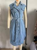 Lapel Sleeveless Staple Button Waist Tie Denim Dress GYAN-3293