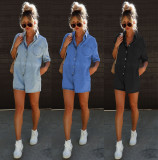 Lapel Short Sleeve Denim Romper GYAN-32118