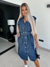 Lapel Sleeveless Staple Button Waist Tie Denim Dress GYAN-3293