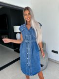 Lapel Sleeveless Staple Button Waist Tie Denim Dress GYAN-3293