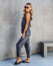 Loose Sleeveless Drawstring Denim Jumpsuit GYAN-3205