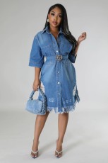 Lapel Loose Short Sleeve Denim Long Dress GYAN-3281