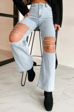 Ripped Chain Patchwork Denim Straight Pants GYAN-3266