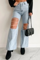 Ripped Chain Patchwork Denim Straight Pants GYAN-3266