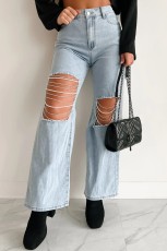 Ripped Chain Patchwork Denim Straight Pants GYAN-3266