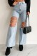 Ripped Chain Patchwork Denim Straight Pants GYAN-3266