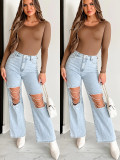 Ripped Chain Patchwork Denim Straight Pants GYAN-3266