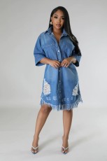 Lapel Loose Short Sleeve Denim Long Dress GYAN-3281