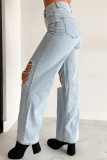 Ripped Chain Patchwork Denim Straight Pants GYAN-3266