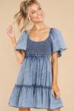 Loose Plunge Short Sleeve Denim Dress GYAN-22834