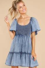 Loose Plunge Short Sleeve Denim Dress GYAN-22834