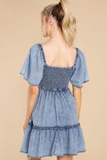 Loose Plunge Short Sleeve Denim Dress GYAN-22834