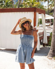 Solid Color Waist-slim Suspender Denim Romper GYAN-3261