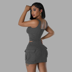 Solid Color Bodysuit Sport Two Piece Skirt Set TR-1310