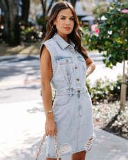 Cardigan Denim Solid Color Midi Dress GYAN-3216