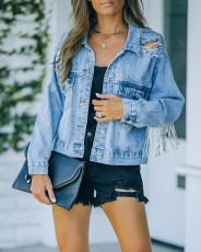 Fashion Hole Tassel Lapel Denim Jacket GYAN-8736