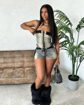 Sexy Bandage Wrap Chest Denim Two Piece Shorts Set MEM-88579