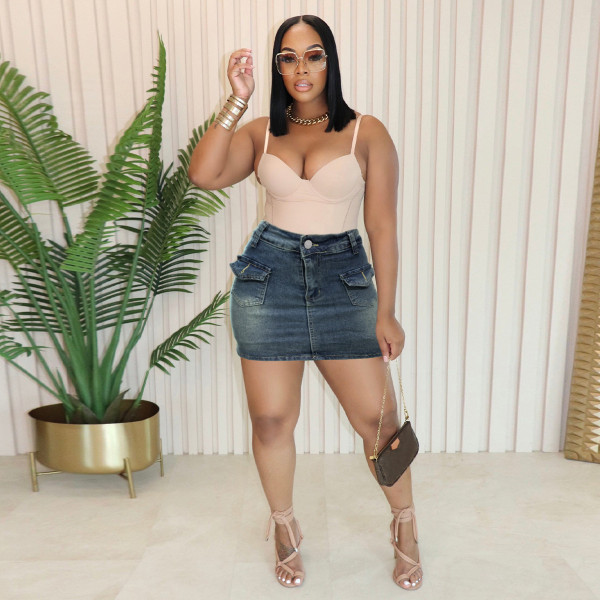 Washed Denim Slim Pocket Skirt WAF-77666