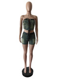 Sexy Bandage Wrap Chest Denim Two Piece Shorts Set MEM-88579