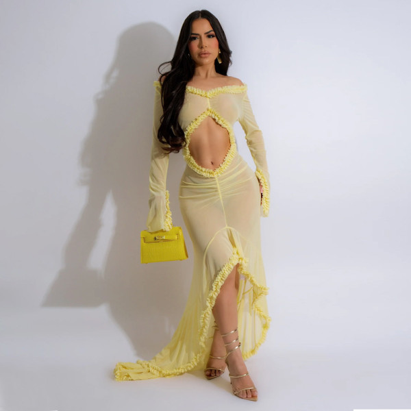 V Neck Solid Color See Through Maxi Dress CYA-901194