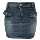 Washed Denim Slim Pocket Skirt WAF-77666