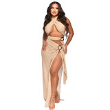 Sexy Halter High Split Solid Maxi Dress CYA-901200