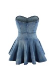 Wrap Chest Denim Slim Ruffle Mini Dress MEM-88576
