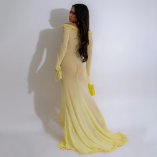 V Neck Solid Color See Through Maxi Dress CYA-901194