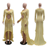 V Neck Solid Color See Through Maxi Dress CYA-901194