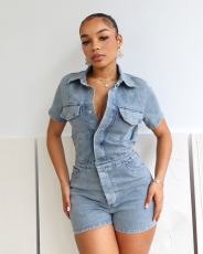Short Sleeve Lapel Slim Denim Romper MEM-88580