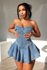 Wrap Chest Denim Slim Ruffle Mini Dress MEM-88576