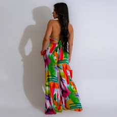 Print Tie Up Backless Top Two Piece Pants Set CYA-901196