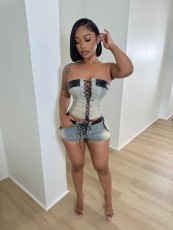 Sexy Bandage Wrap Chest Denim Two Piece Shorts Set MEM-88579