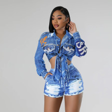 Printed Long Sleeve Shirt Shorts Two Piece Set CYA-901198
