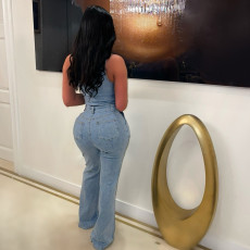 Slanted Shoulder Sleeveless Denim Flare Jumpsuit LX-6976