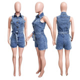 Sleeveless Skinny Waist Washed Denim Romper LX-6979