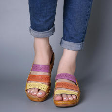 Colorblocked Hollow Out Slope Heel One Slippers GYUX-45566