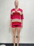 Loose Fashion Deep V-Neck Color Block Knit Shorts Set NYF-8170