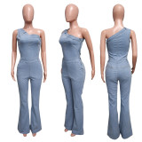 Slanted Shoulder Sleeveless Denim Flare Jumpsuit LX-6976