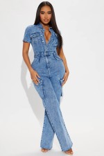Short Sleeve Single Breasted Denim Straight Jumpsuit LX-6201
