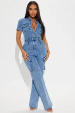 Short Sleeve Single Breasted Denim Straight Jumpsuit LX-6201
