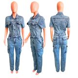 Short Sleeve Single Breasted Denim Straight Jumpsuit LX-6201