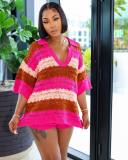 Loose Fashion Deep V-Neck Color Block Knit Shorts Set NYF-8170