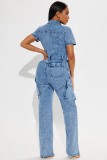 Short Sleeve Single Breasted Denim Straight Jumpsuit LX-6201