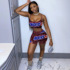 Letter Print Sling Vest And Shorts Sport 2 Piece Set TE-4677