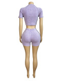 Short Sleeve Rib Solid Two Piece Short Set CH-24020
