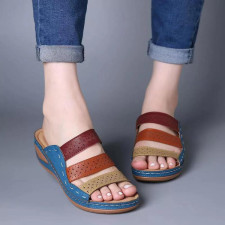 Colorblocked Hollow Out Slope Heel One Slippers GYUX-45566